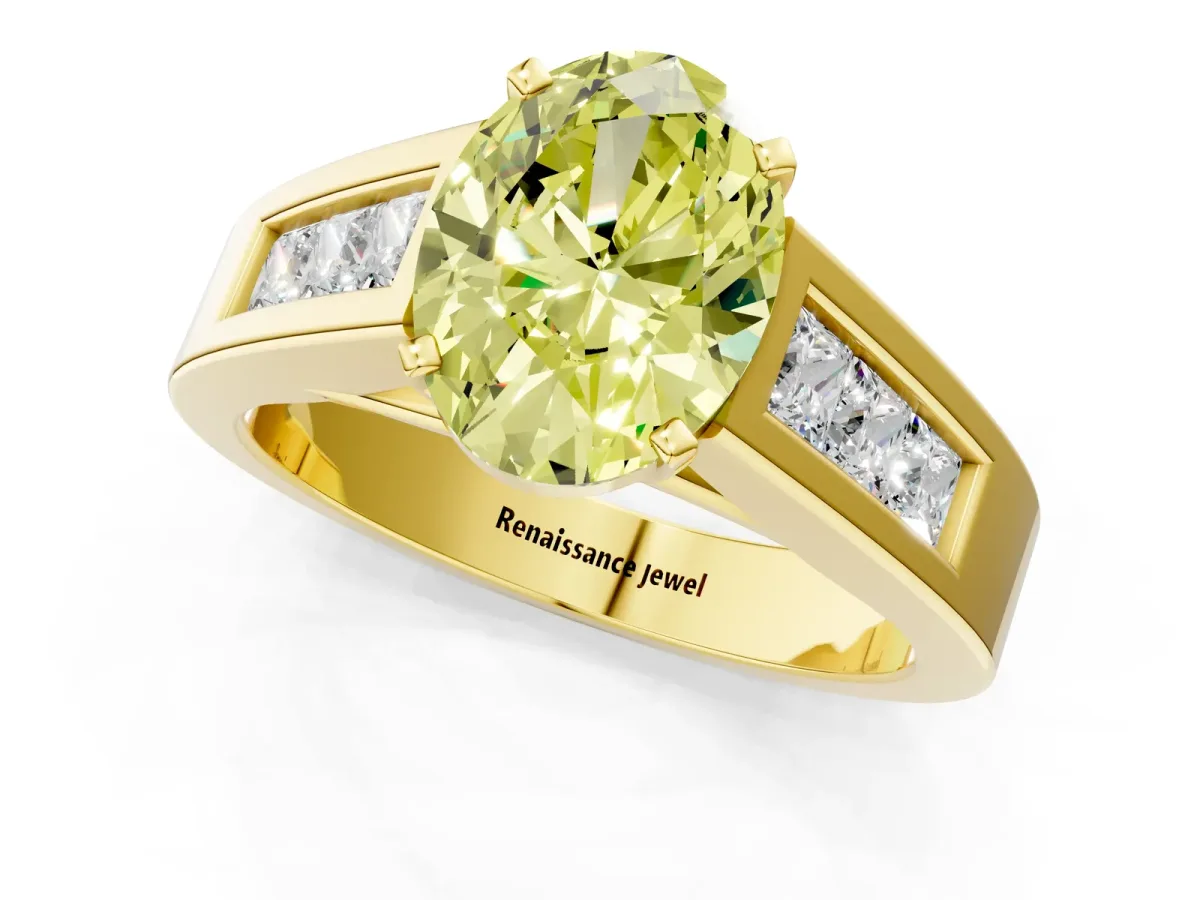 Fancy Yellow Oval Cut Cut Channel Set Solitaire Ring with Four-Prong Setting Yellow gold