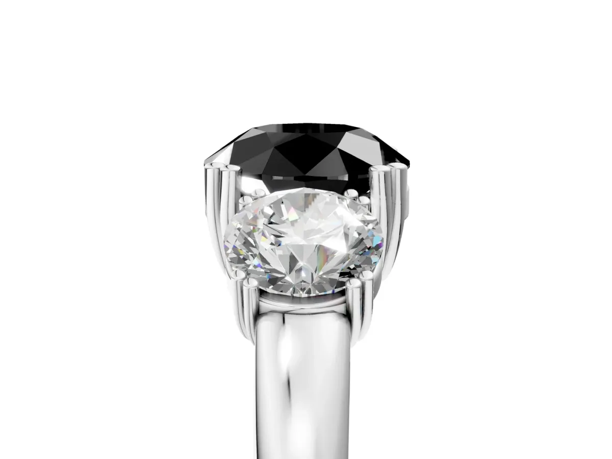 Fancy Black Three-Stone Round Cut Cut Diamond Ring with Channel Set Band and Four-Prong Setting Silver