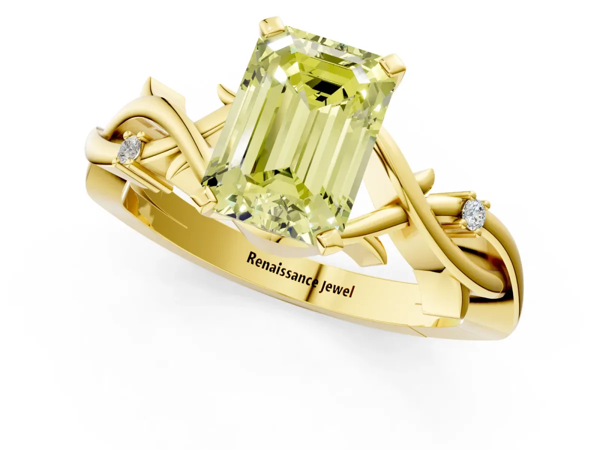 Fancy Yellow Emerald Cut Diamond Solitaire Ring with Twisted Band and Prong Setting Yellow gold