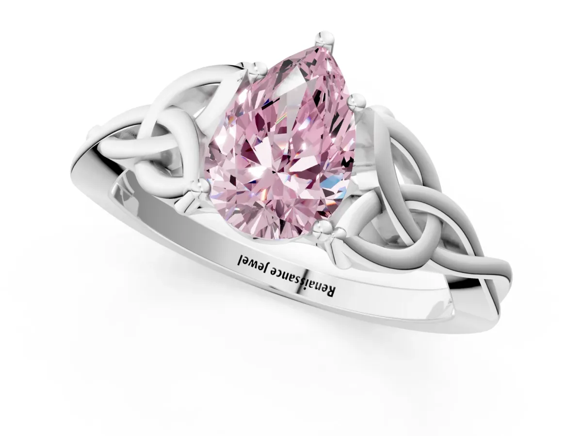 Fancy Pink Pear Cut Diamond Solitaire Engagement Ring with Celtic Knot Band and Four-Prong Setting Silver