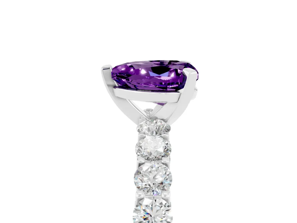Heart Cut Amethyst Solitaire Ring with Shared Prong Pavé Band and Four-Prong Setting Silver