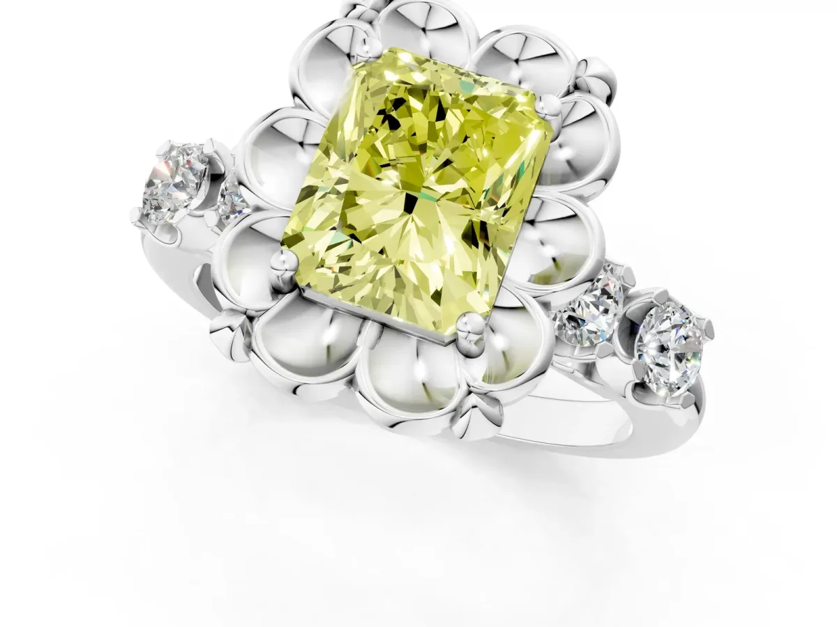 Fancy Yellow Radiant Cut Cut Diamond Floral Halo Engagement Ring with Shared Prong Setting Silver