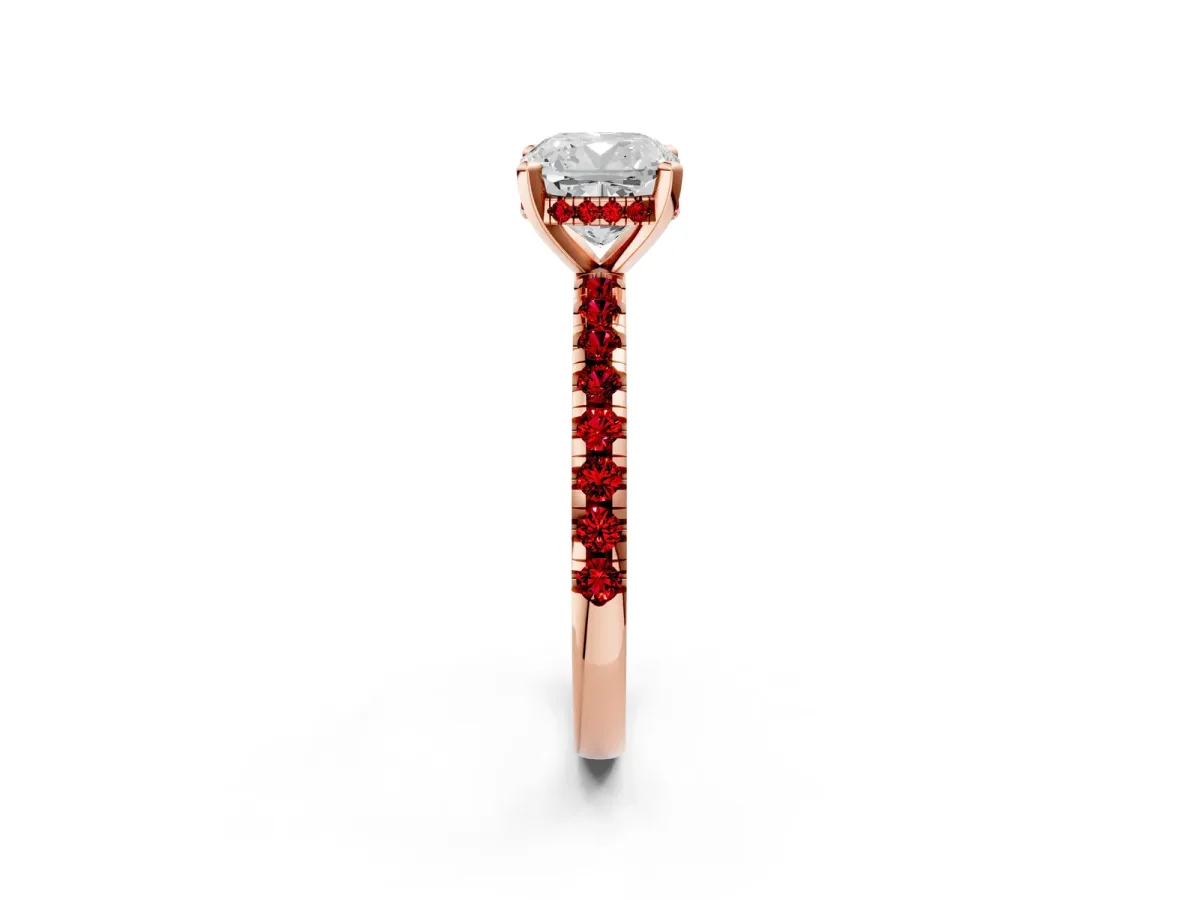 Cushion Cut Diamond Solitaire Ring with Round Ruby Pavé Band and Four-Prong Setting Rose gold