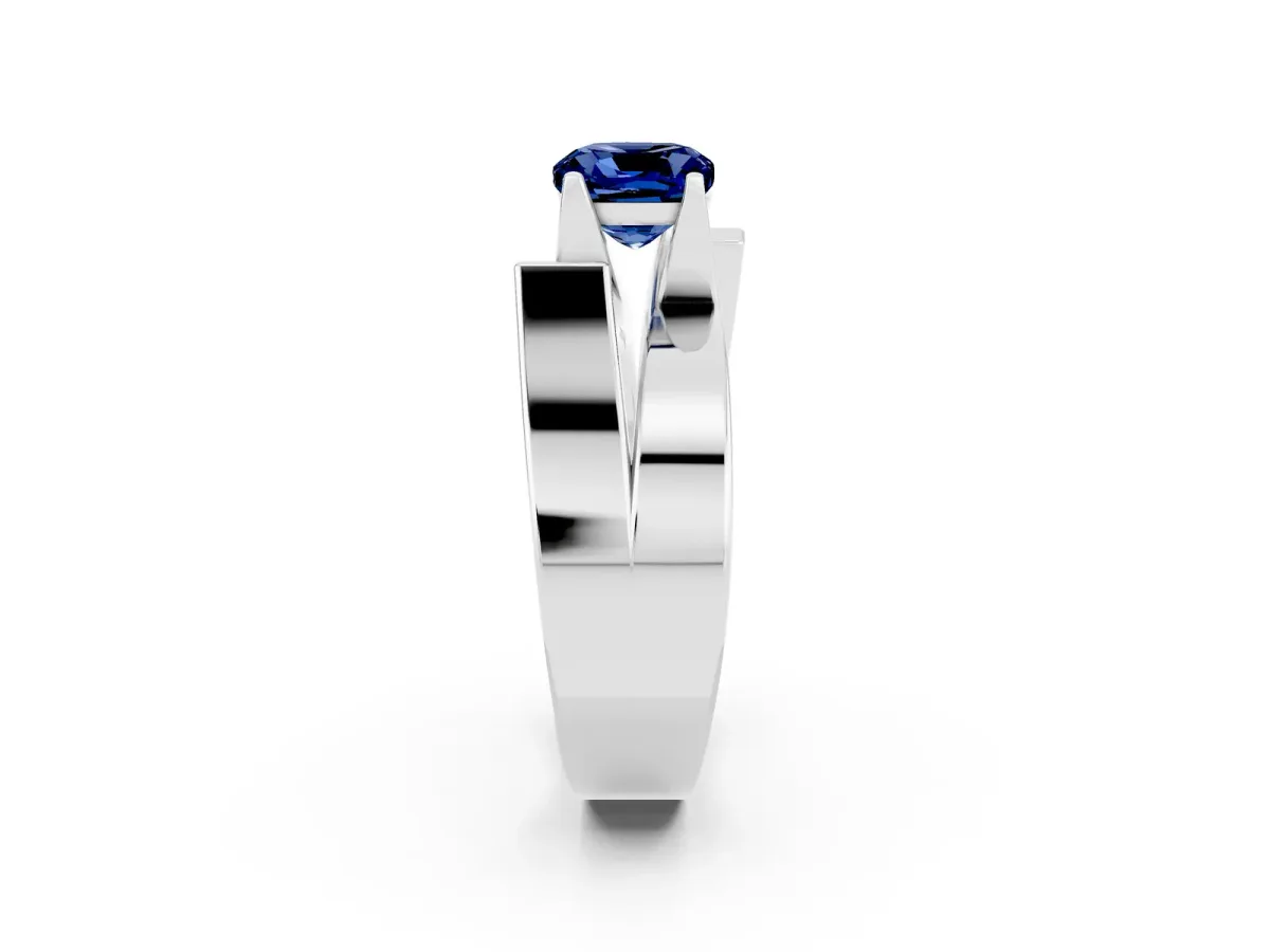 Modern Tension Set Cushion Cut Blue Sapphire Solitaire Wide Band Ring Silver