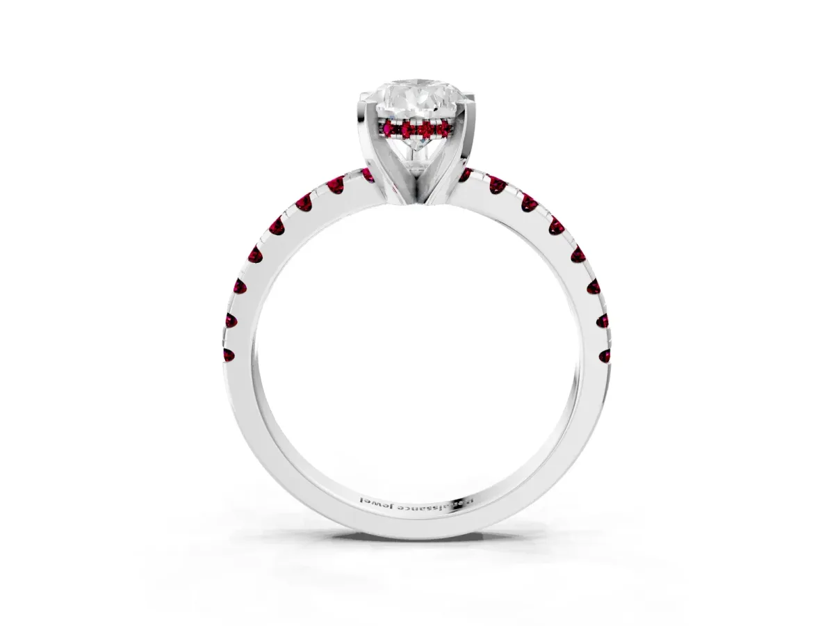 Pear Cut Diamond Solitaire Ring with Round Garnet Pavé Band and Four-Prong Setting Silver