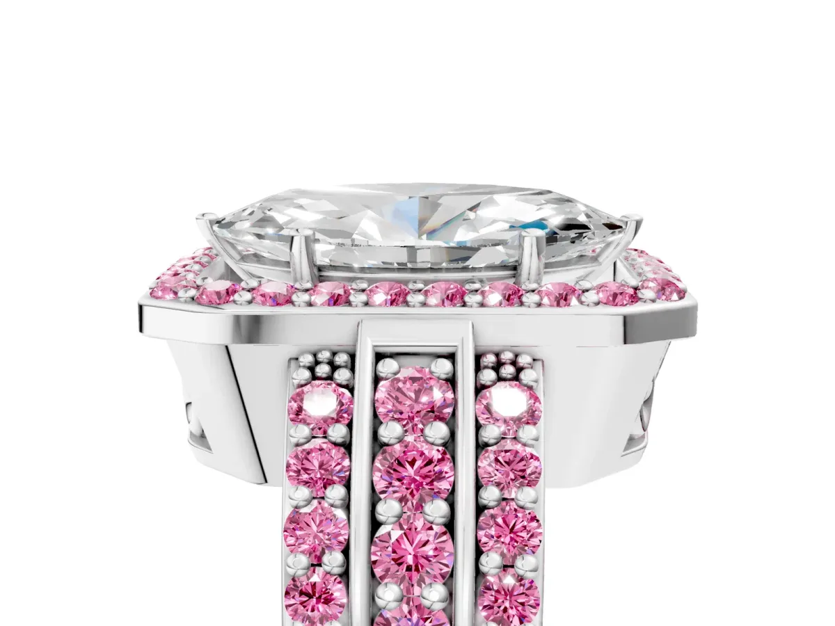 Marquise Cut Halo Diamond Ring with Round Pink Sapphire Split Shank and Prong Setting Silver