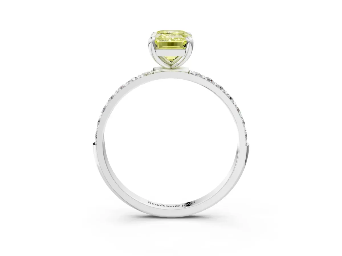 Fancy Yellow Emerald Cut Diamond Solitaire Ring with Round Pavé Band and Prong Setting Silver
