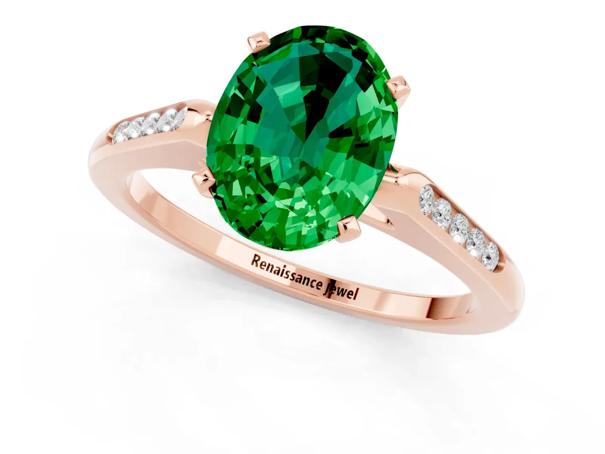 Oval Cut Emerald Solitaire Ring with Channel Set Round Band and Prong Setting Rose gold