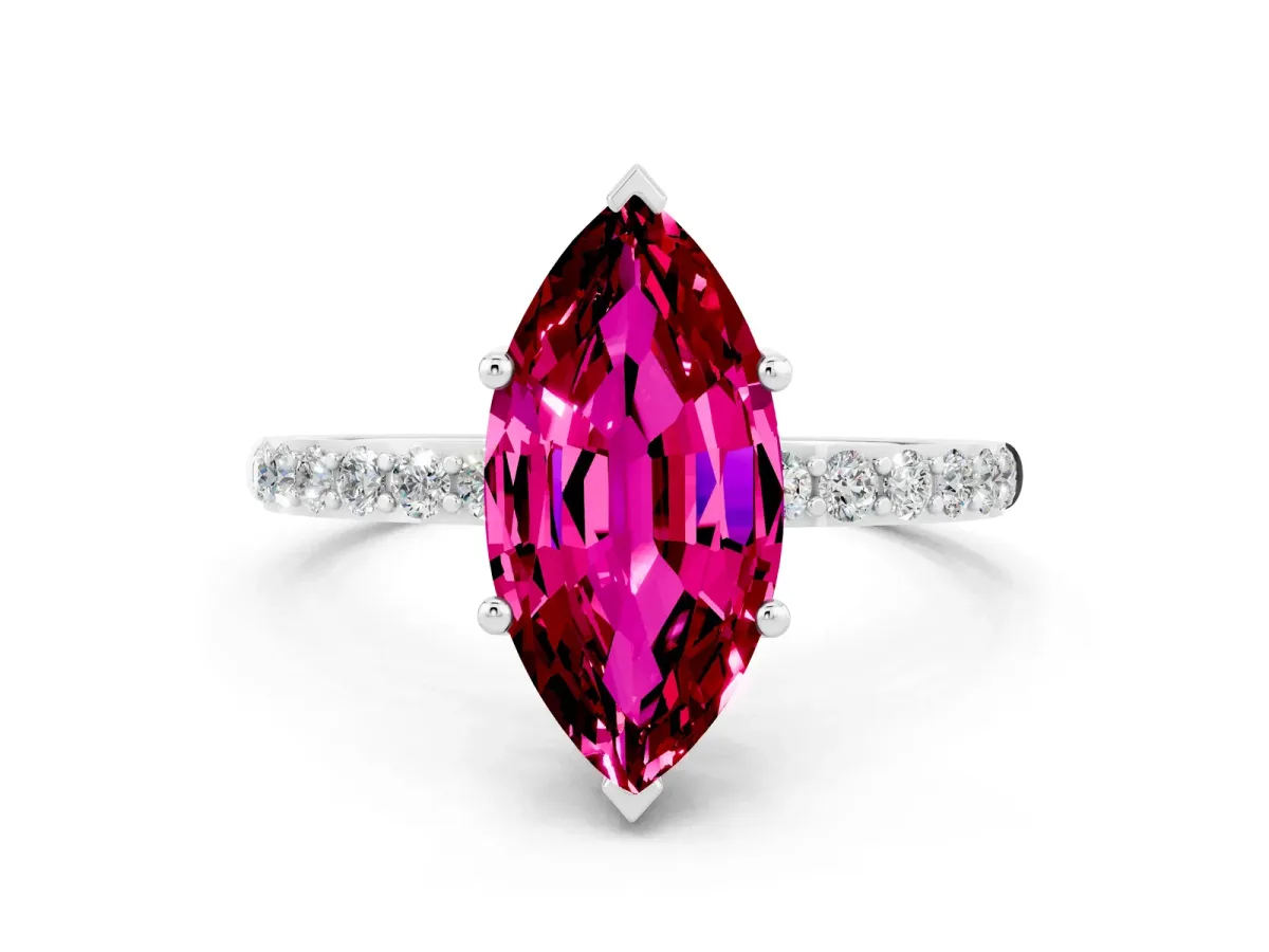 Marquise Cut Garnet Solitaire Ring with Round Pavé Band and Prong Setting Silver