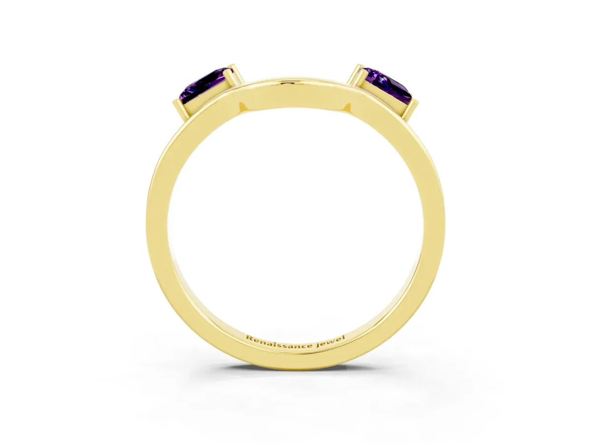 Princess Cut Amethyst Two-Stone Open Band Ring with Four-Prong Setting Yellow gold