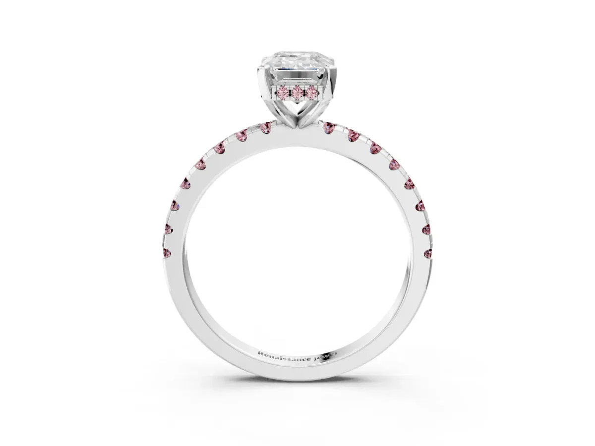 Emerald Cut Diamond Solitaire Ring with Round Morganite Pavé Band and Four-Prong Setting Silver