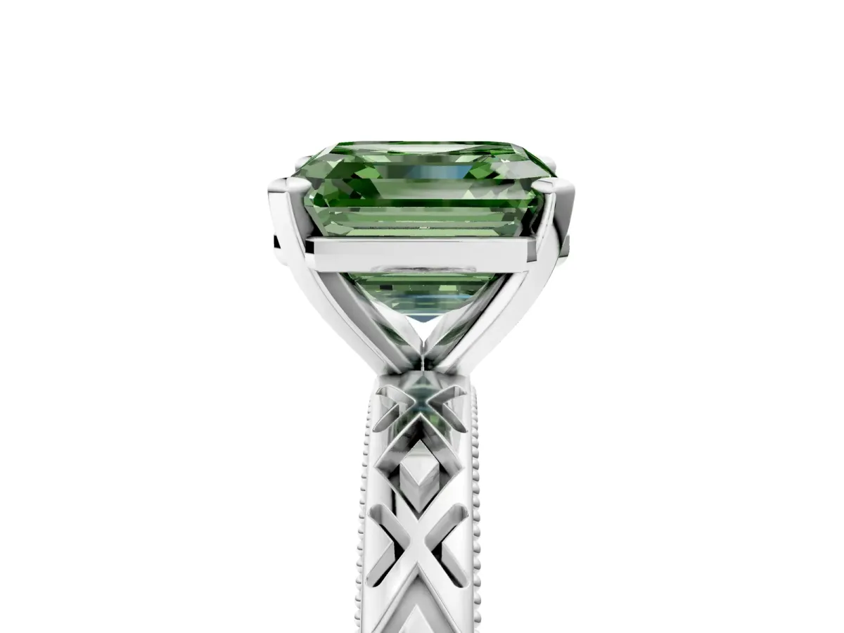 Fancy Green Asscher Cut Solitaire Diamond Ring with Milgrain and Black Enamel X Pattern Band Platinum