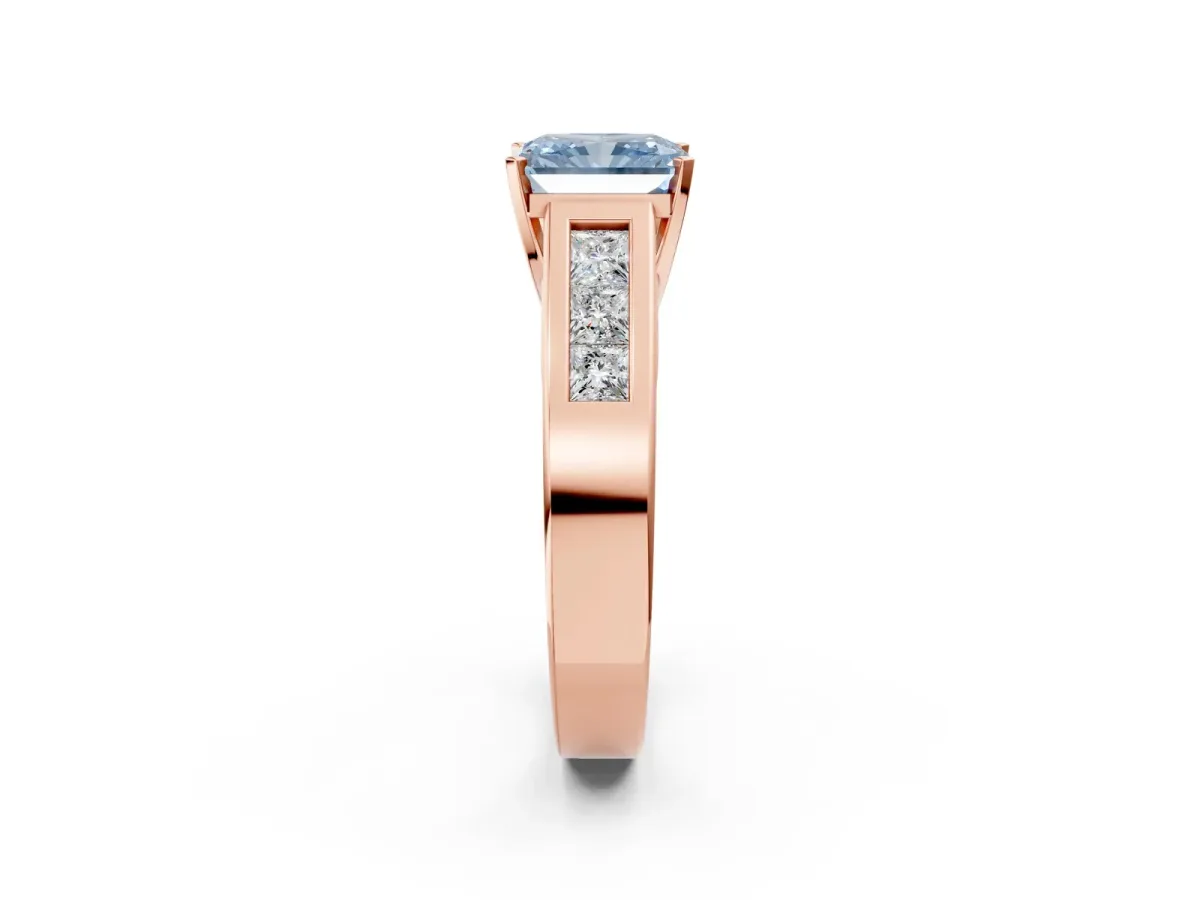 Fancy Blue Radiant Cut Cut Channel Set Solitaire Ring with Four-Prong Setting Rose gold