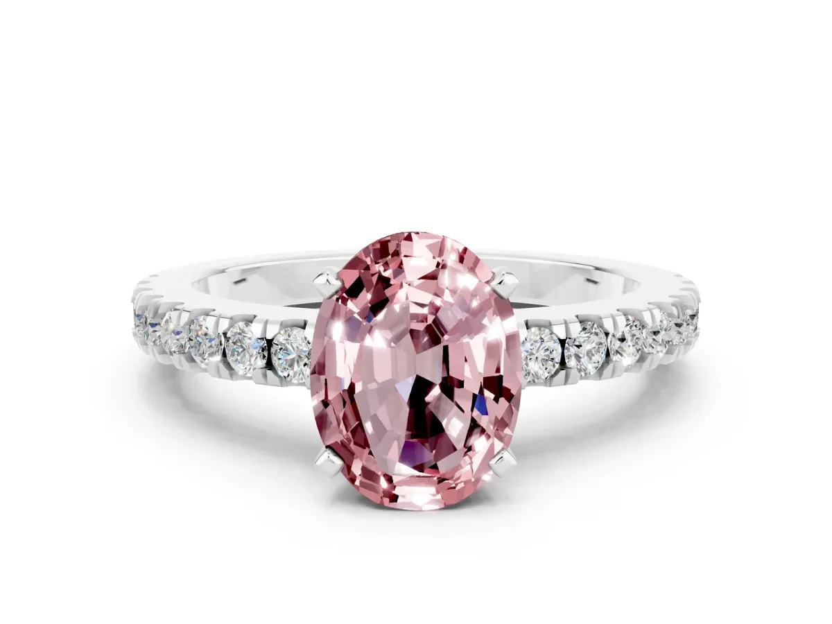 Oval Cut Solitaire Morganite with Pavé Band and Four-Prong Setting Silver