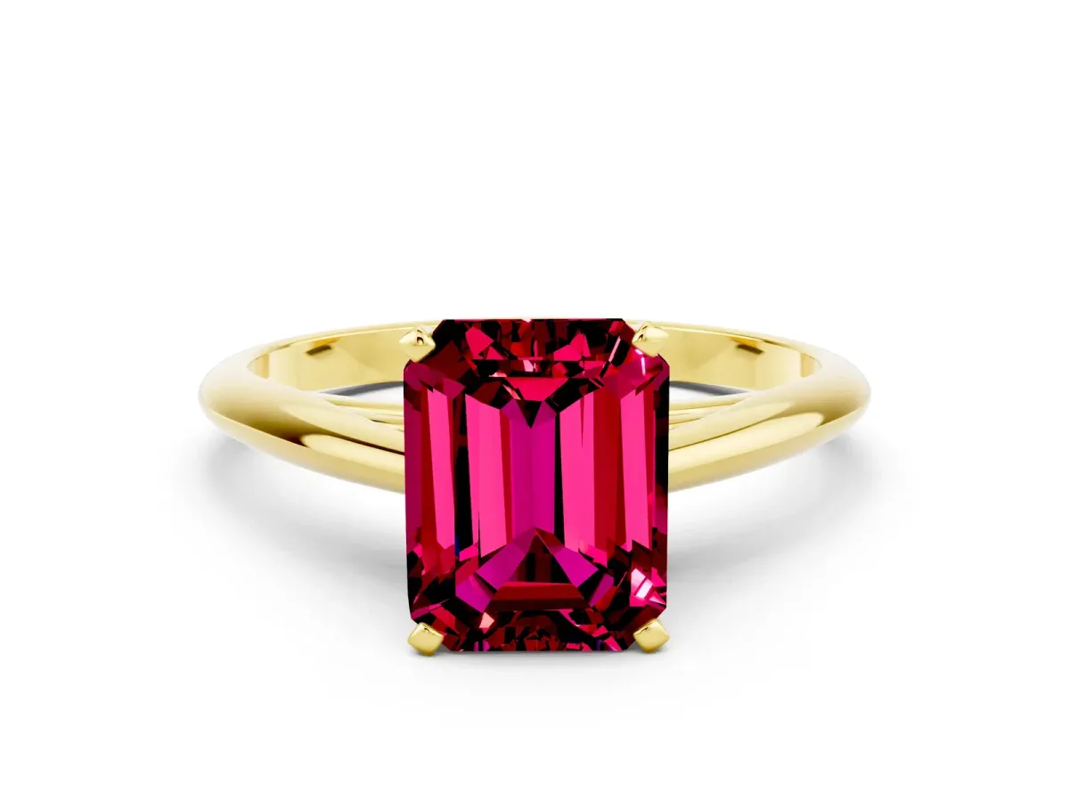 Emerald Cut Garnet Solitaire Engagement Ring with Cathedral Setting and Four-Prong Mount Yellow gold