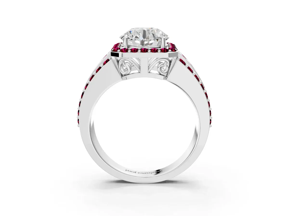 Round Cut Halo Diamond Ring with Round Garnet Split Shank and Prong Setting Silver