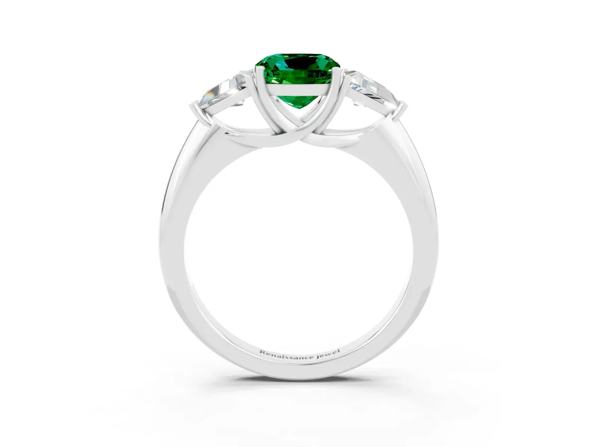 Three-Stone Cushion Cut Emerald Engagement Ring with Trillion Side Stones and Prong Setting White gold