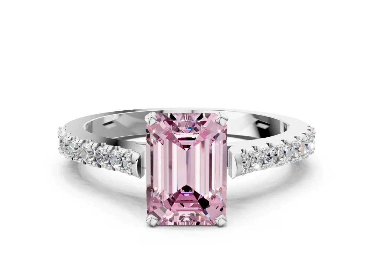 Fancy Pink Emerald Cut Cut Solitaire Diamond Engagement Ring with Pave Band and Four-Prong Setting Silver