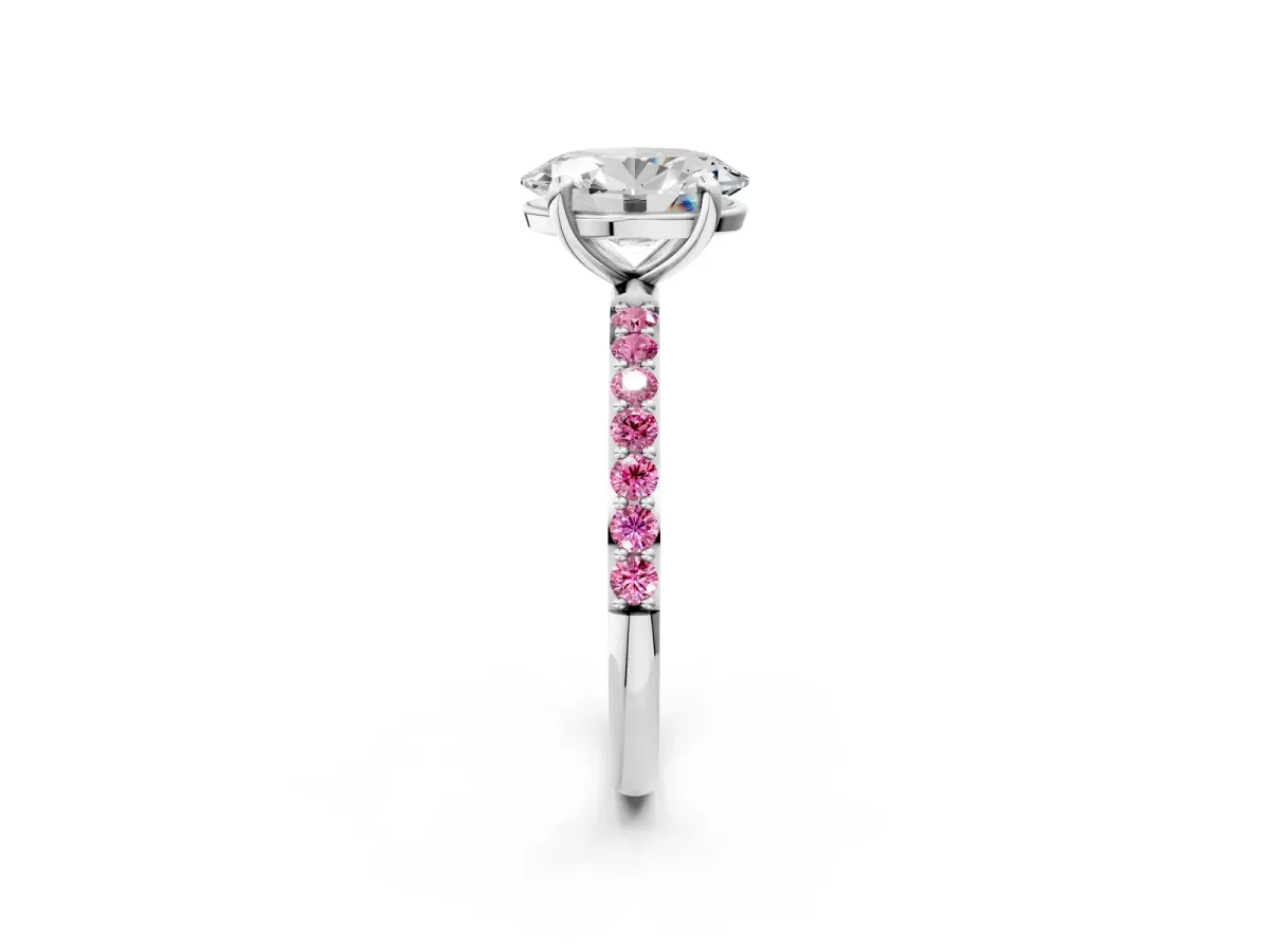 Oval Cut Diamond Solitaire Ring with Round Pink Sapphire Pavé Band and Prong Setting Silver