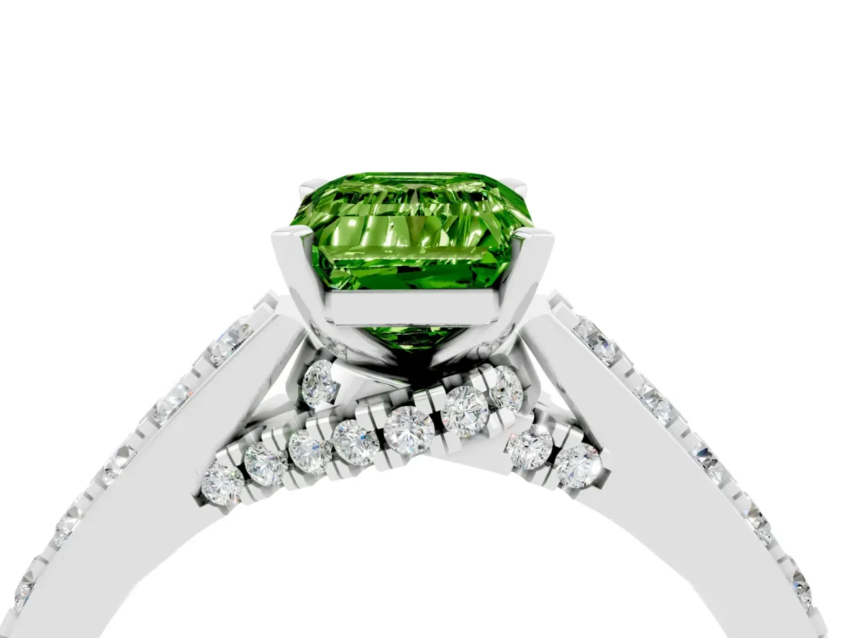 Emerald Cut Peridot Solitaire Ring with Crossover Gallery and Round Pavé Band Silver