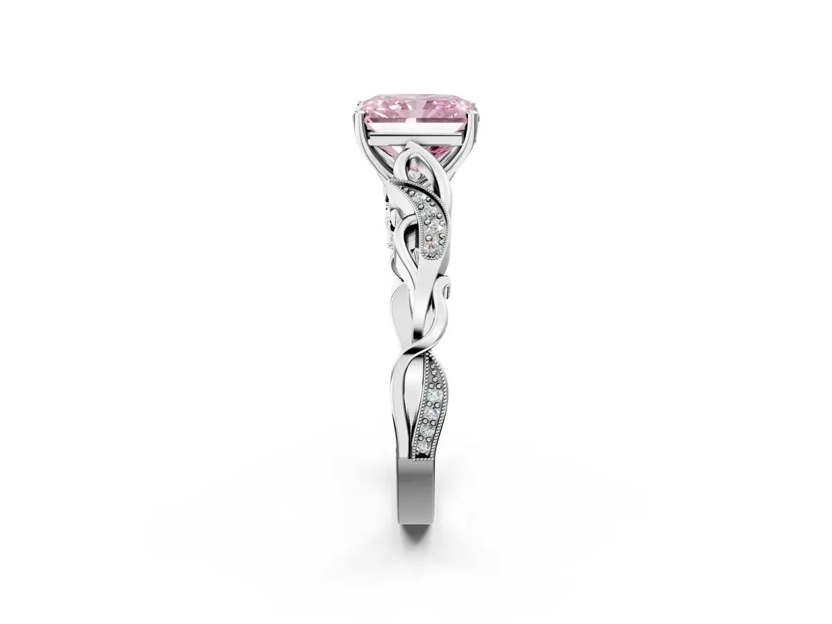 Fancy Pink Radiant Cut Solitaire Vine Band with Milgrain Prong Setting Platinum
