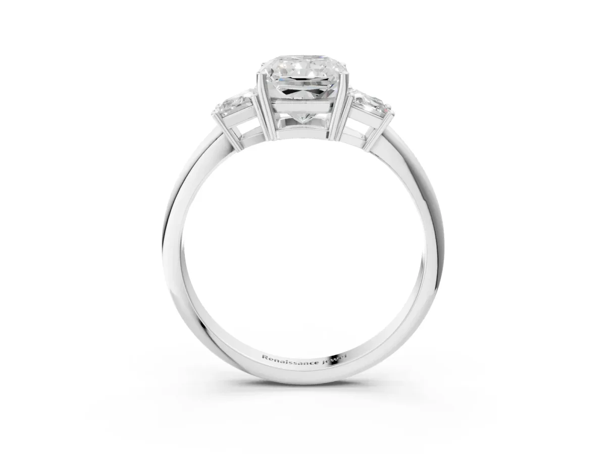 Radiant Cut Diamond Three-Stone Ring with Trapezoid Side Stones and Prong Setting Silver
