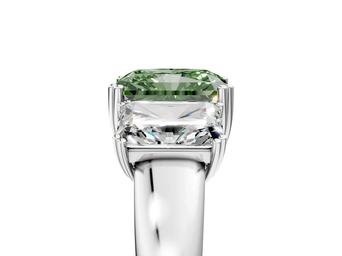 Fancy Green Three-Stone Radiant Cut Cut Diamond Ring with Channel Set Band and Four-Prong Setting Silver