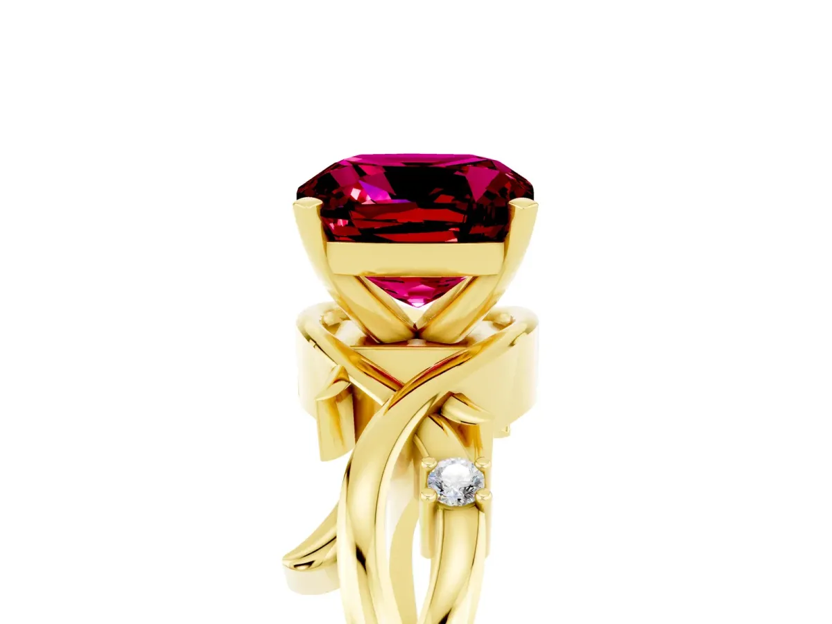 Cushion Cut Garnet Solitaire Ring with Twisted Band and Prong Setting Yellow gold
