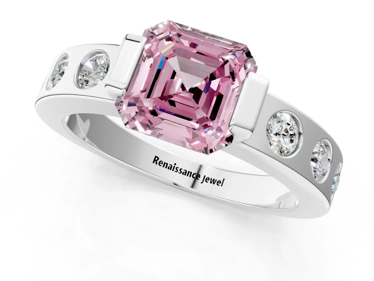 Fancy Pink Asscher Cut Brilliant Channel-Set Diamond Ring with Bezel Prong Setting Platinum