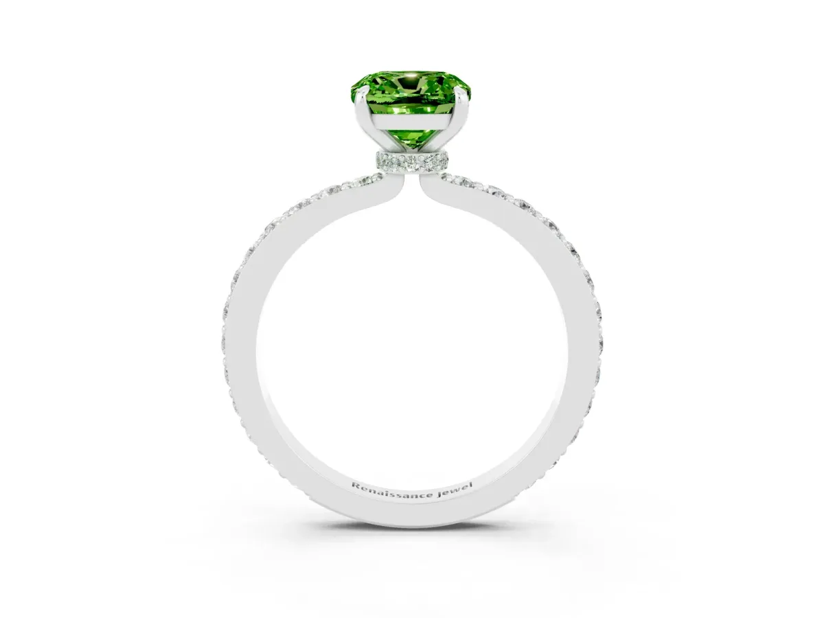 Cushion Cut Peridot Solitaire Engagement Ring with Pavé Band and Four-Prong Setting Silver