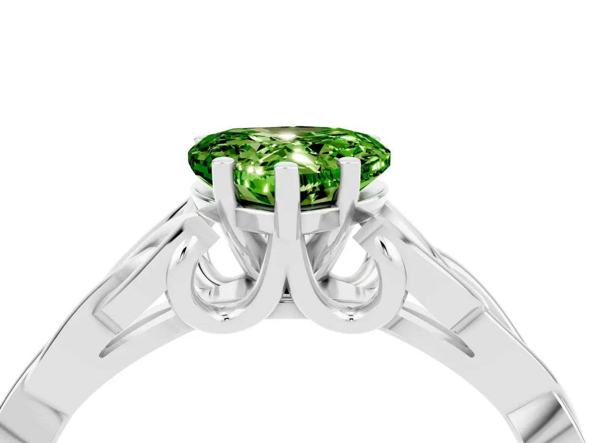 Heart Cut Peridot Solitaire Engagement Ring with Celtic Knot Band and Four-Prong Setting Silver