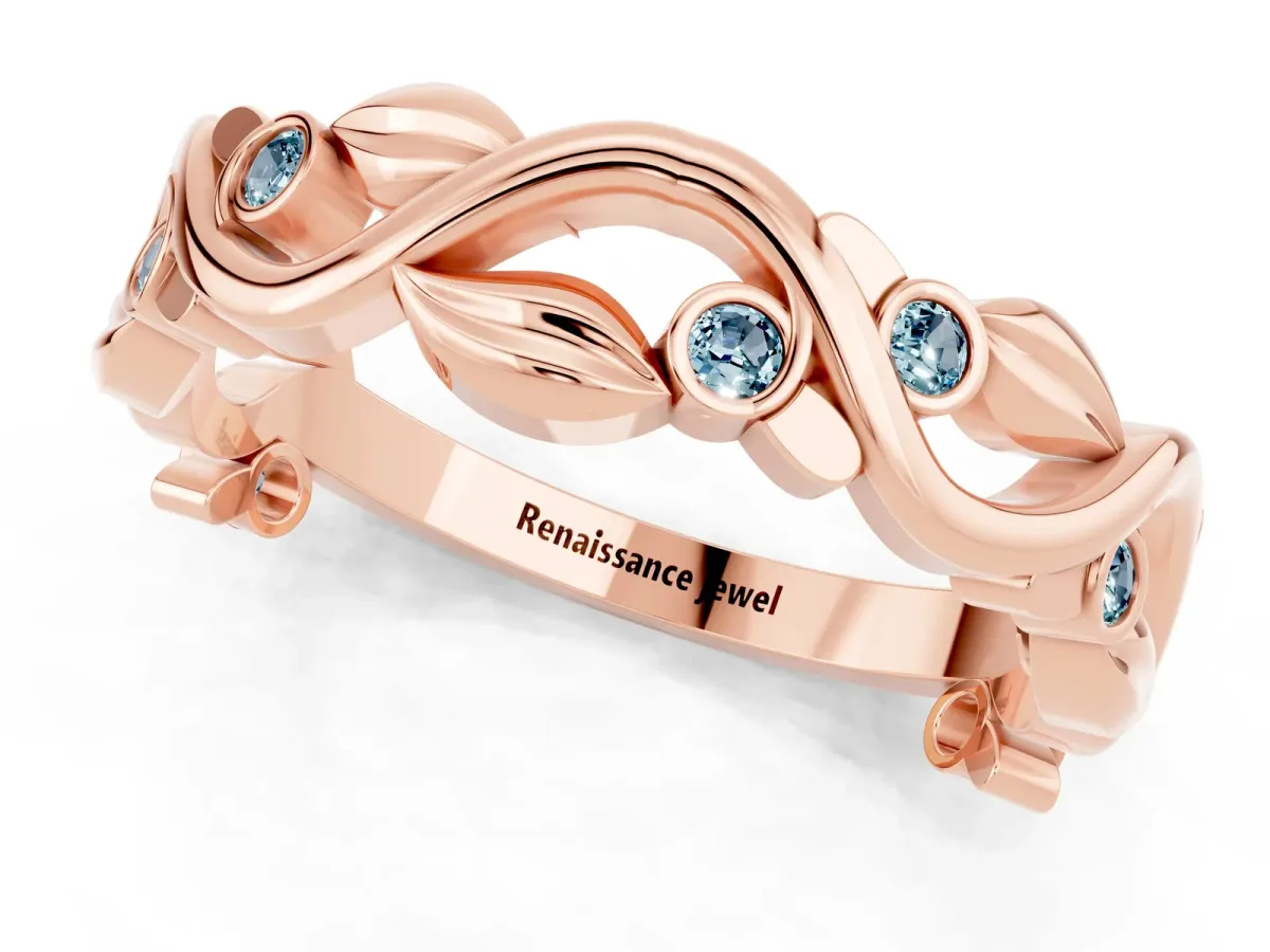 Round Aquamarine Leaf Eternity Band with Bezel Setting Rose gold