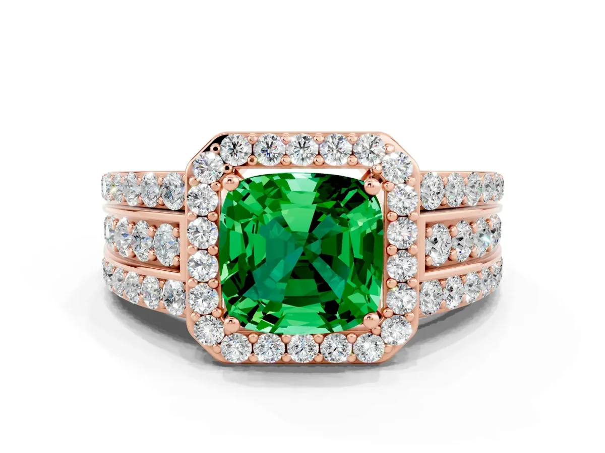 Cushion Cut Halo Emerald Ring with Round Split Shank and Prong Setting Rose gold