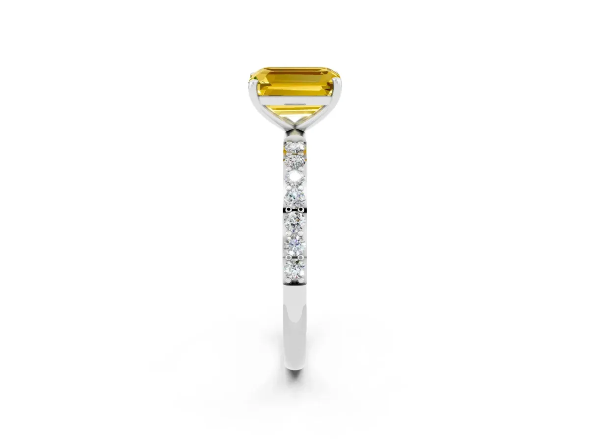 Emerald Cut Yellow Sapphire Solitaire Ring with Round Pavé Band and Prong Setting Platinum