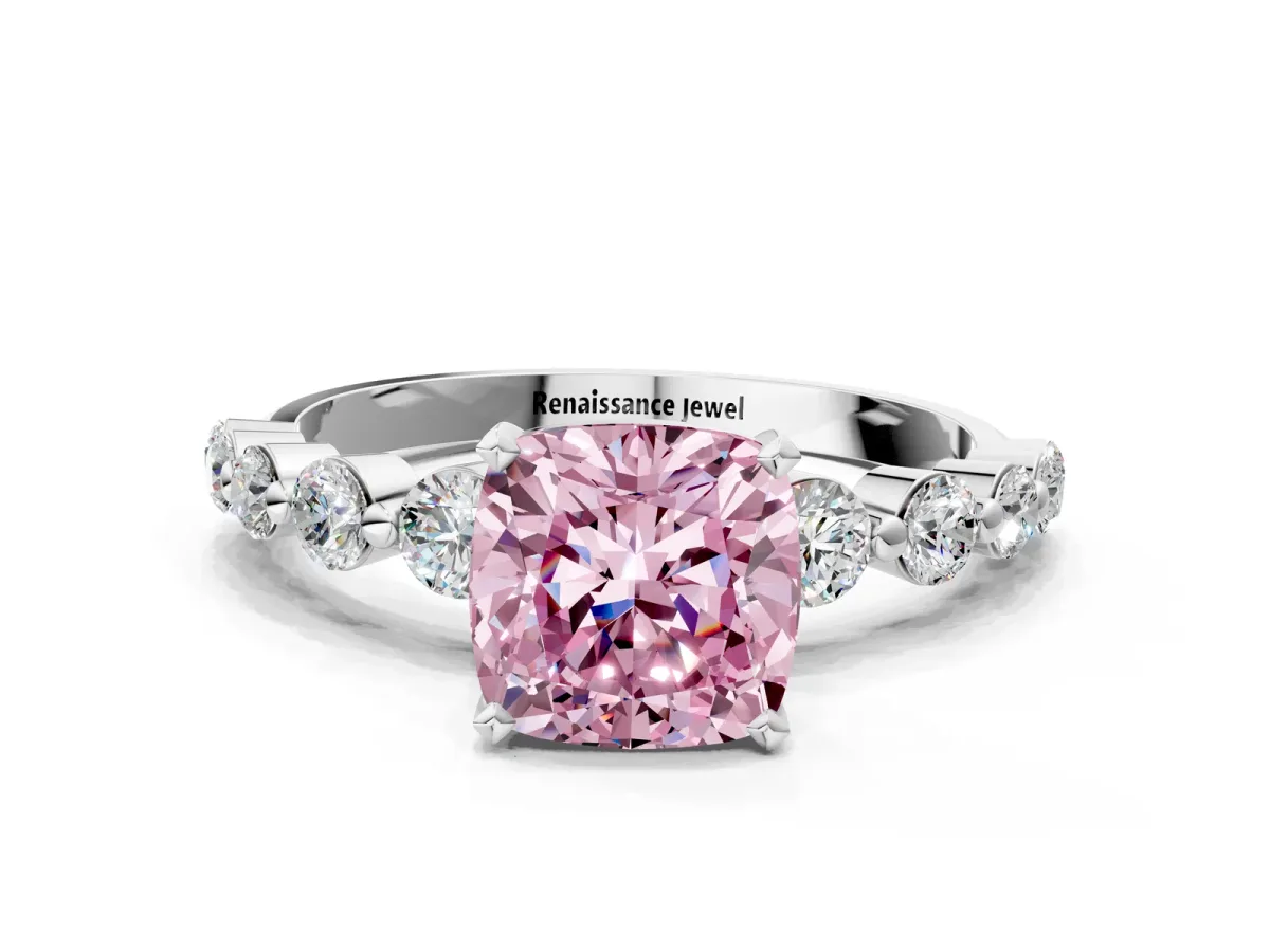 Fancy Pink Cushion Cut Solitaire Diamond Ring with Pave Band and Four-Prong Setting Silver
