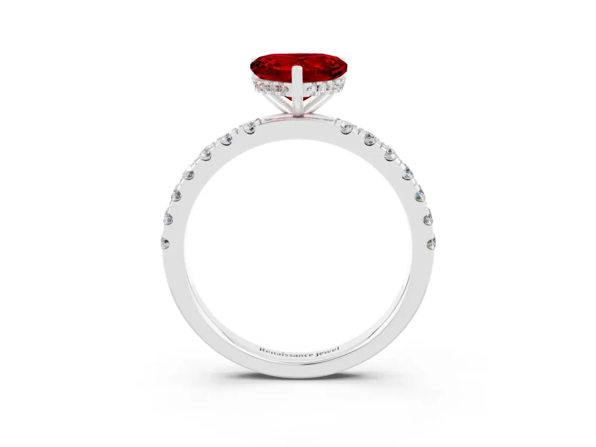 Heart Cut Ruby Pave Band Solitaire Ring with Round and Prong Setting Platinum