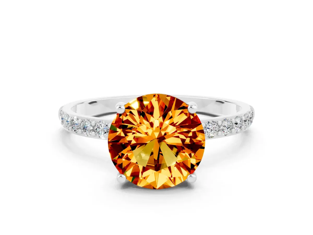 Round Cut Citrine Solitaire Ring with Round Pavé Band and Prong Setting Silver