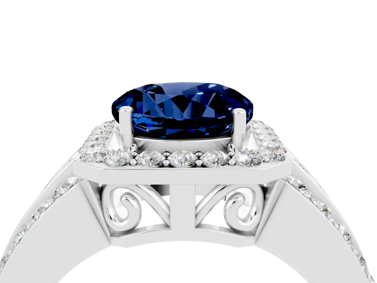 Round Cut Halo Blue Sapphire Ring with Round Split Shank and Prong Setting Platinum