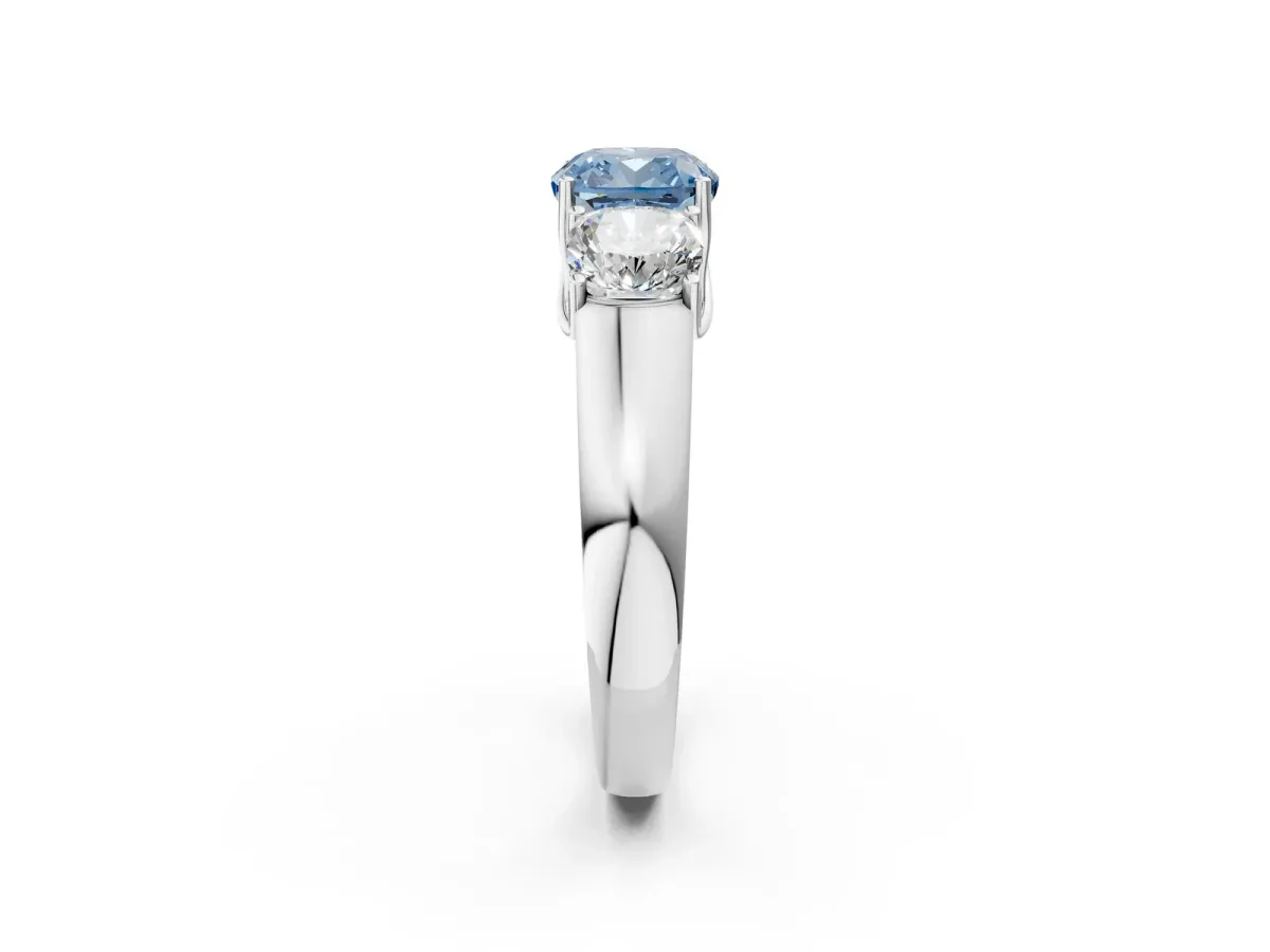 Fancy Blue Three-Stone Cushion Cut Cut Diamond Ring with Prong Setting and Classic Band White gold