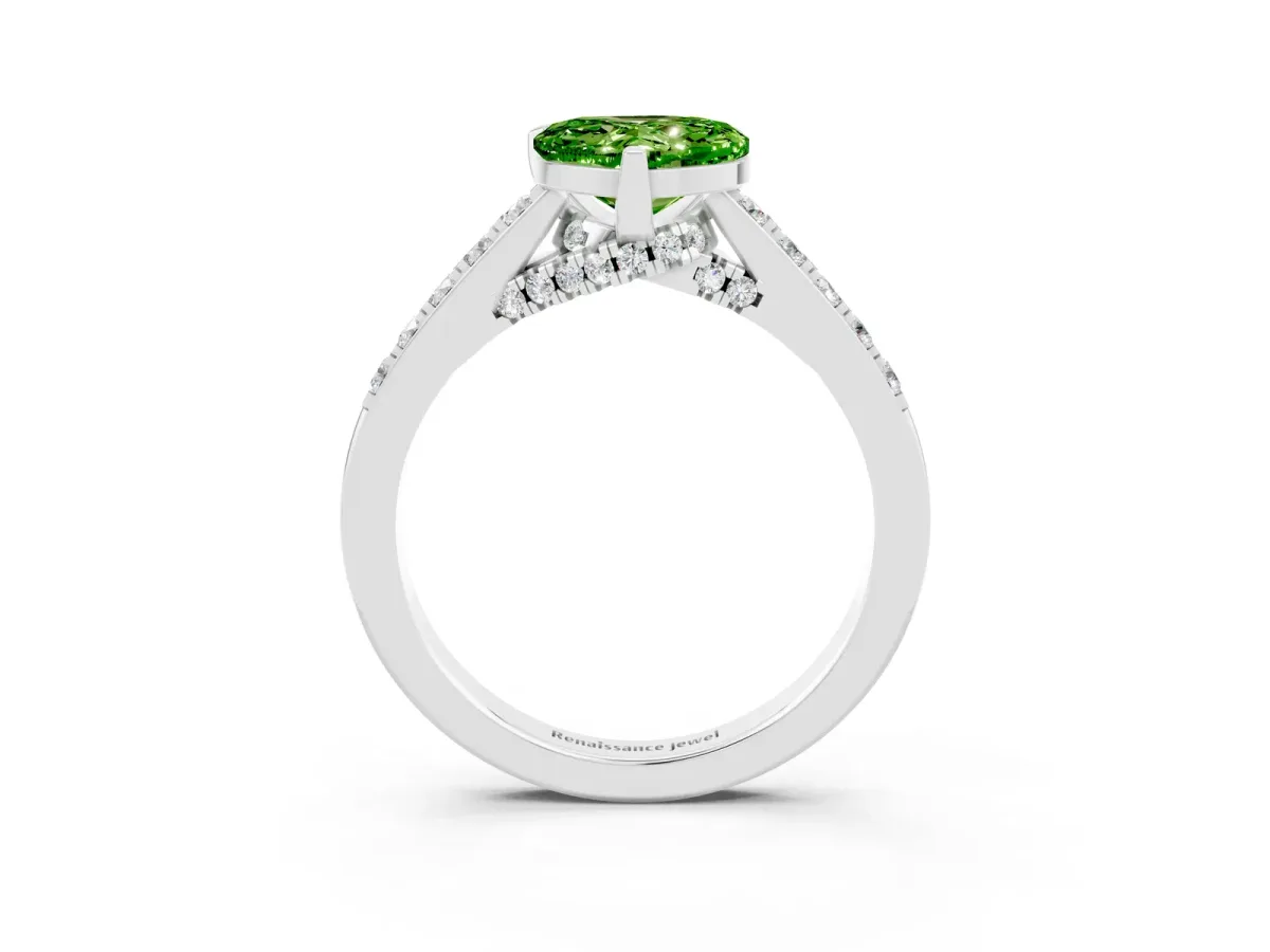 Heart Cut Peridot Solitaire Ring with Crossover Gallery and Round Pavé Band Silver
