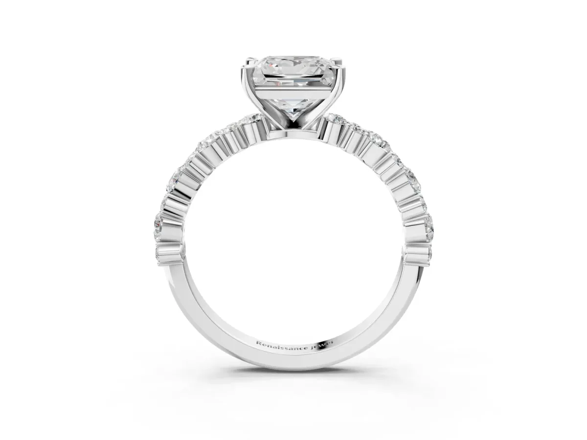 Princess Cut Diamond Side Stone Solitaire Ring with Round Moissanite and Four-Prong Setting Silver