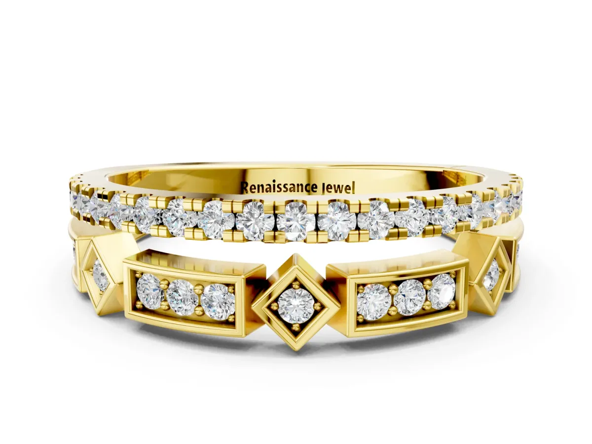 Pavé Round Diamond Channel Set Dual Band with Prong Setting Yellow gold