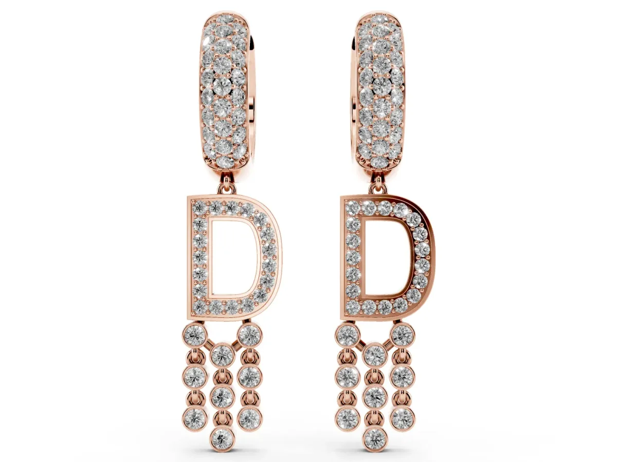 Round Diamond Initial D Huggie Hoop Earrings Rose gold