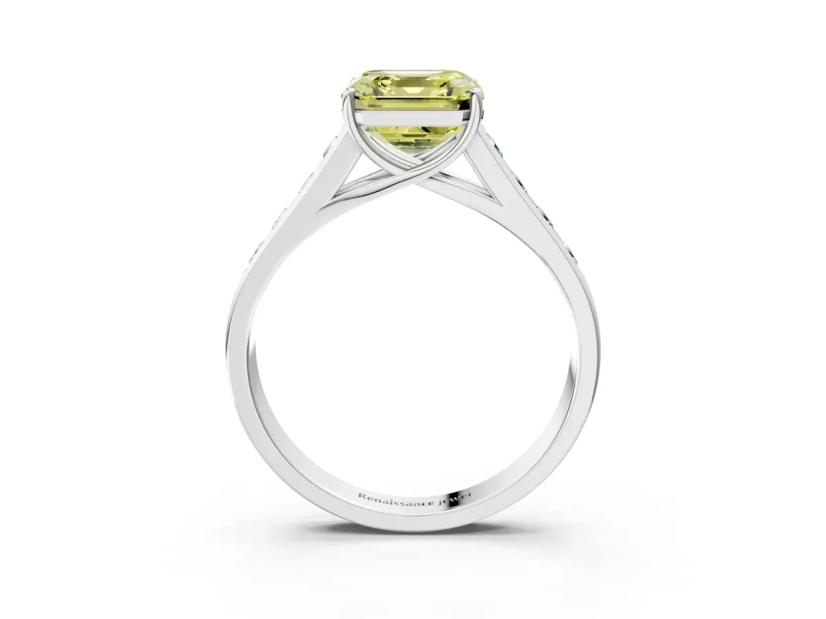 Fancy Yellow Asscher Cut Solitaire Channel-Set Diamond Engagement Ring with Four-Prong Setting Platinum