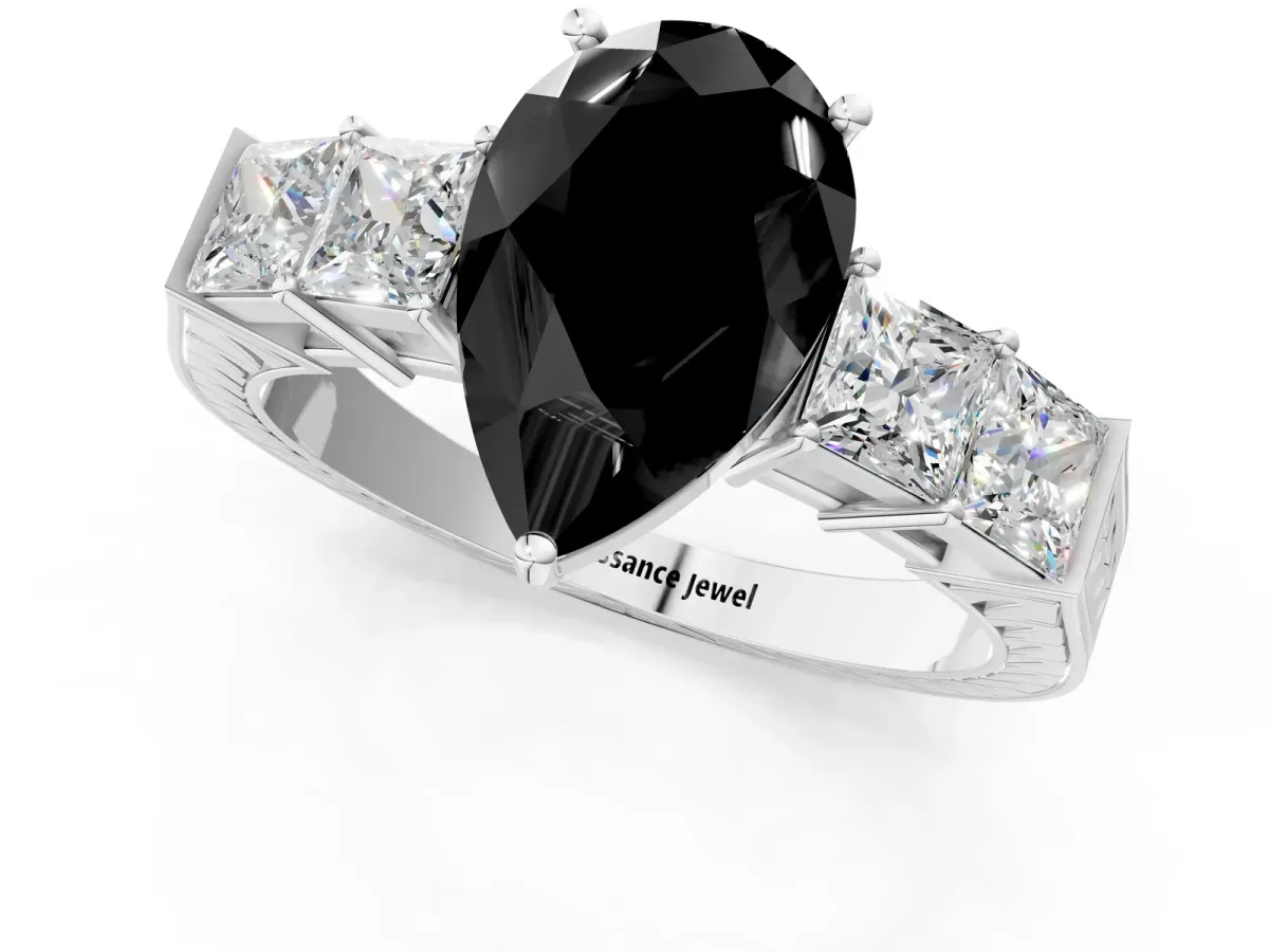 Fancy Black Pear Cut Solitaire Princess Side Stone Engraved Band Prong Setting Ring White gold