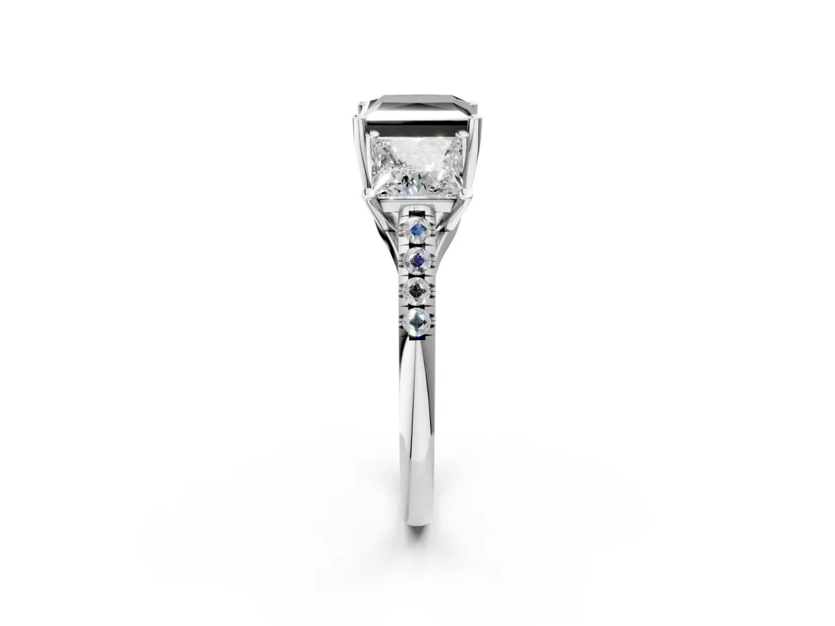 Fancy Black Three-Stone Princess Cut Diamond Ring with Round Pavé Band and Prong Setting Silver