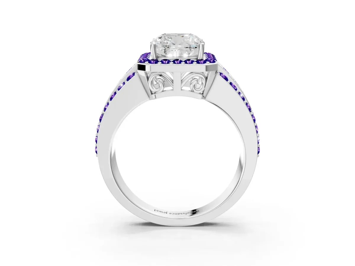 Cushion Cut Halo Diamond Ring with Round Tanzanite Split Shank and Prong Setting Silver