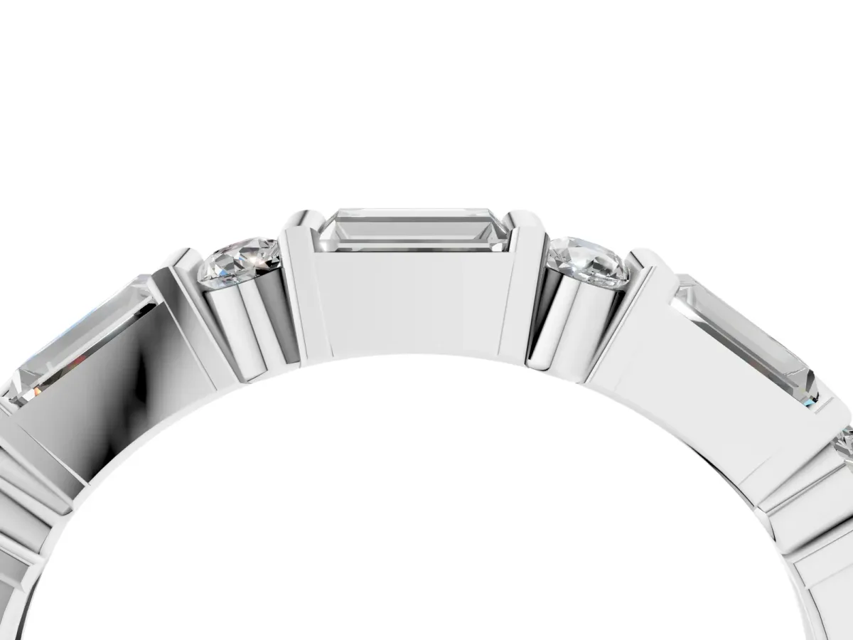 Baguette and Round Diamond Channel Set Half Eternity Band with Bar Prong Setting White gold