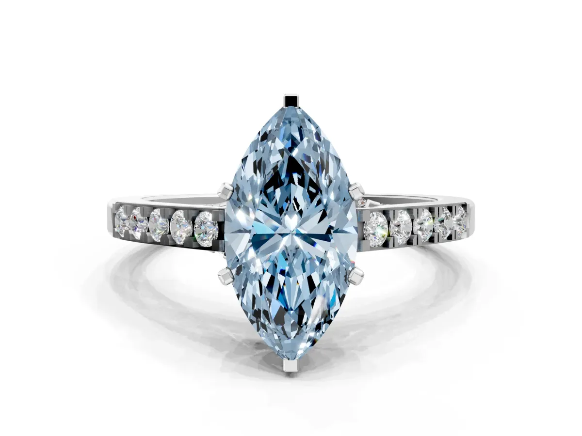 Fancy Blue Marquise Cut Diamond Solitaire Ring with Crossover Gallery and Round Pavé Band Silver
