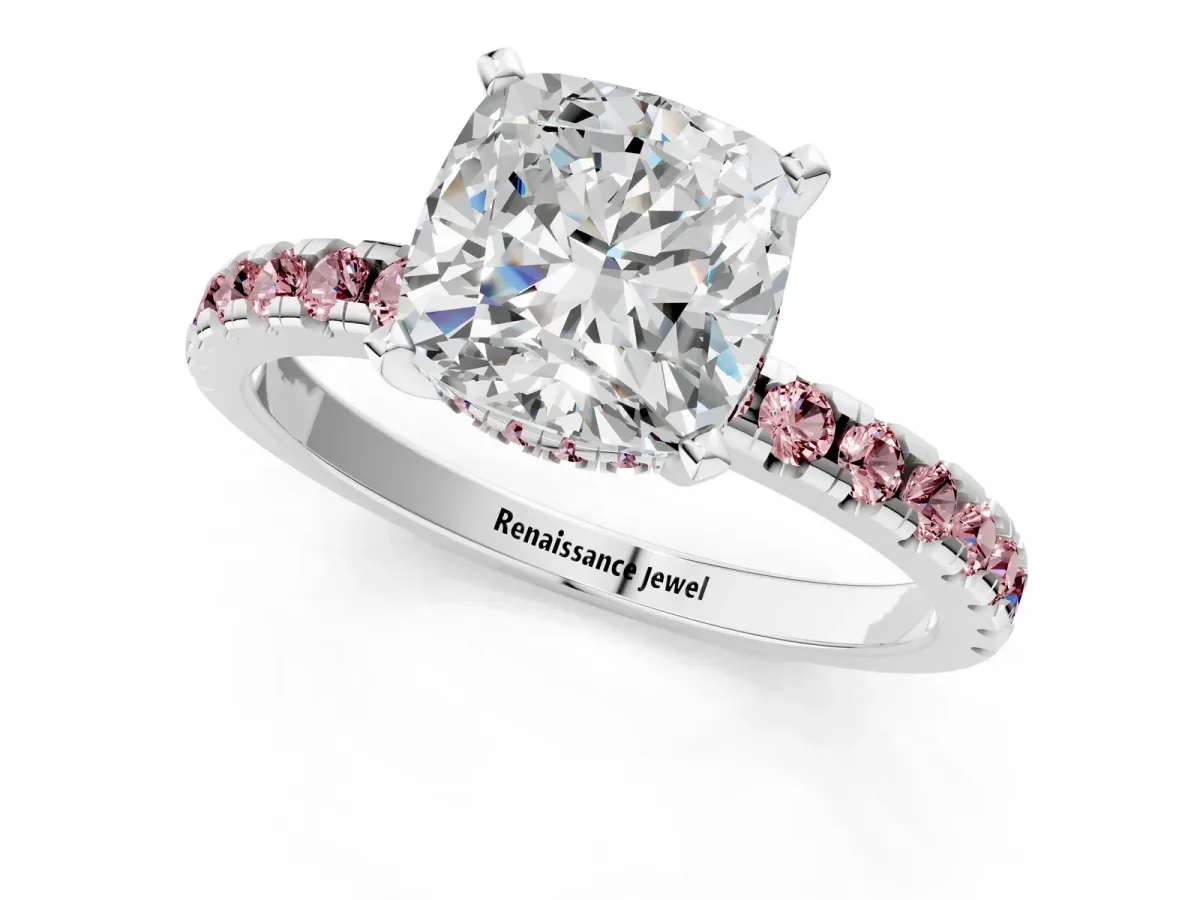 Cushion Cut Diamond Solitaire Ring with Round Morganite Pavé Band and Four-Prong Setting Silver